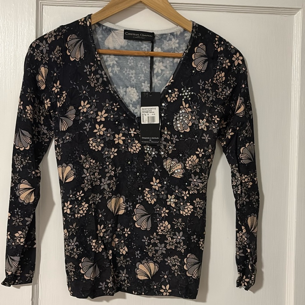 Cristina Gavioli collezioni Viscosa V-Neck Top - Black and Cream, Size S